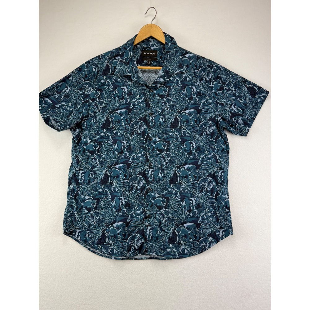 Bonobos Shirt Mens XL Slim Fit Short Sleeve Blue Tropical Leopard Print ButtonUp